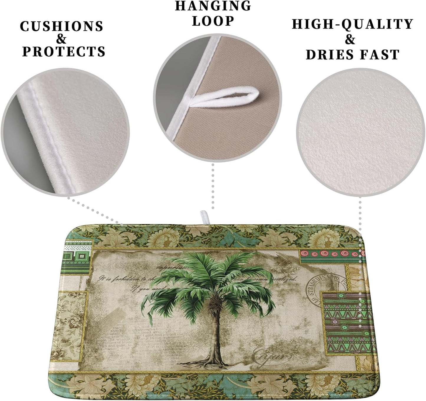 Palm Tree Kitchen Dish Drying Mat for Dishes 16x18 Inch Summer Vintage Tropical Leaves Green Jungle Plant Drying Mat Botanical Dish Drainer Mat Super Absorbent Dish Rack Pad for Coffee Bar Sinks