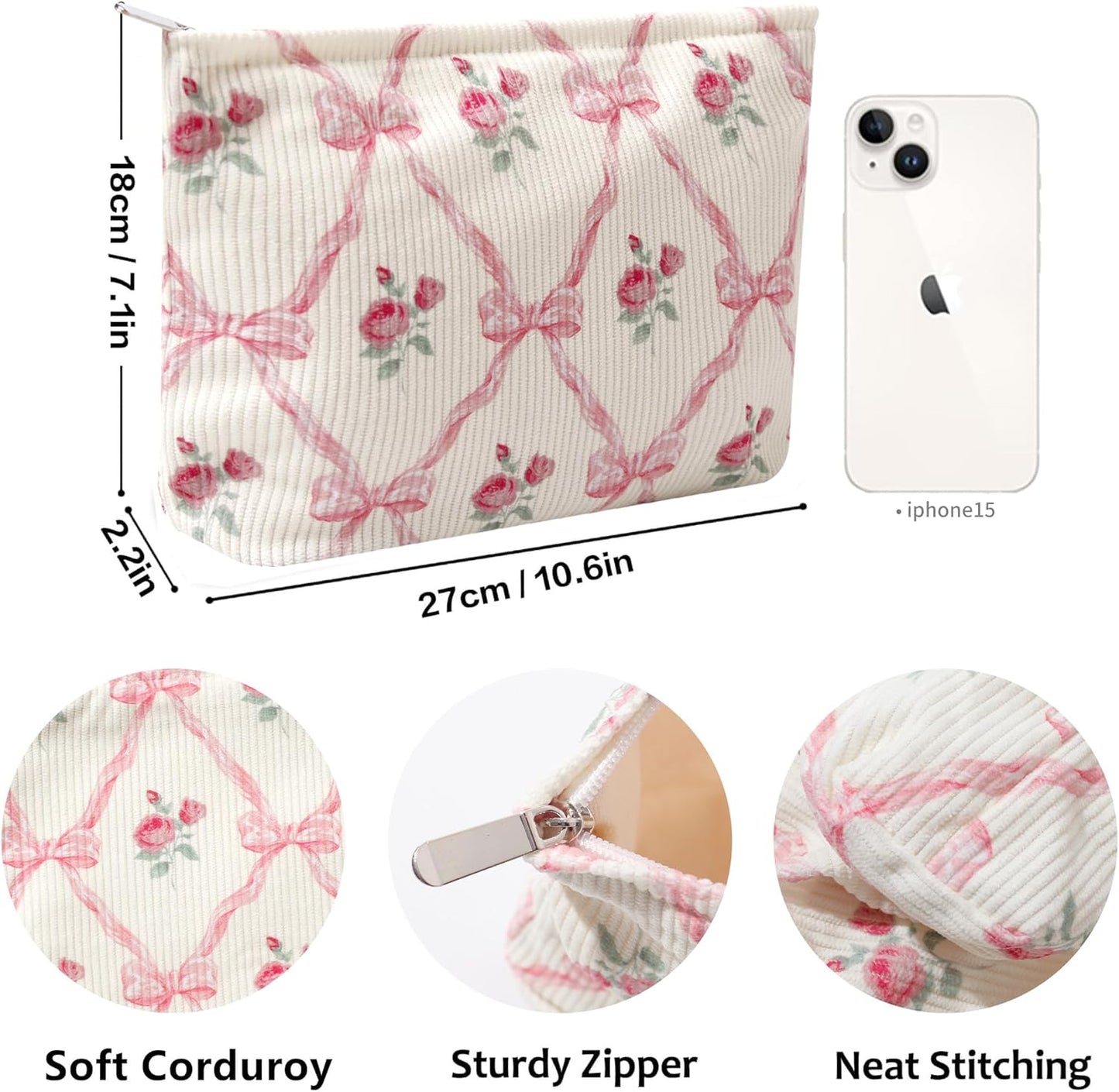 Cosmetic Bags for Women - Corduroy Cosmetic Bag Aesthetic Women Handbags Purses Smile Dots Makeup Organizer Storage Makeup Bag Girls Case Bags (Flowers-Orchid)