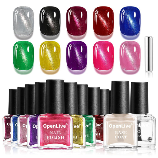12Pcs Aurora Cat Eye Nail Polish with Base Coat Top Coat and Magnet Stick, Quick Dry Nail Polish for Holiday Gift Giving