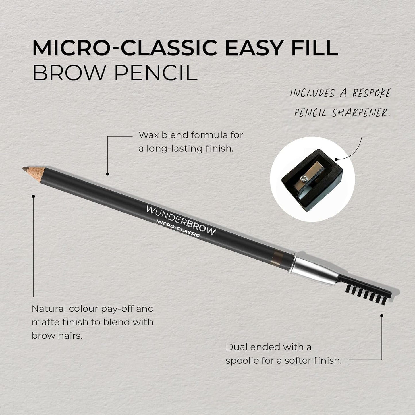 Wunderbrow Micro-Classic Brow Pencil, 2.5mm tip for precision filling, Sharpener Included, Vegan and Cruelty Free (Brunette)