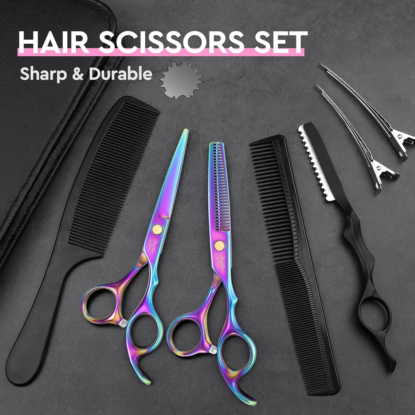 JASON Professional 10-Piece Haircut Scissors Kit - Texturizing Scissors with 30 Teeth, Straight Shears for Barber, Hairdresser, Men, Women, Stylist (6.7", Rainbow)