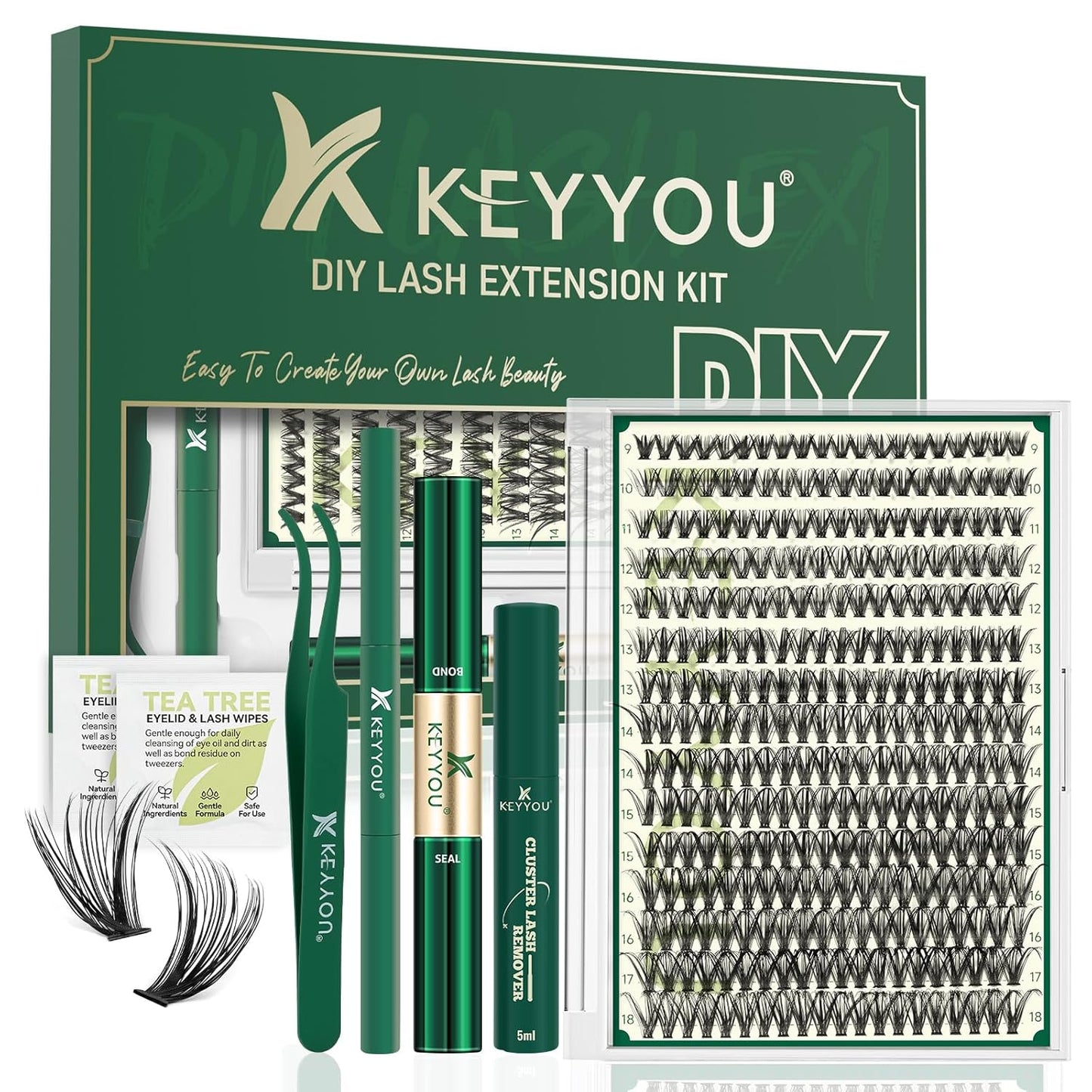 KEYYOU Lash Extension Kit DIY 300Pcs Lash Clusters Eyelash Extension Kit 40D 0.07 D Curl 9-18MIX Lash Clusters Kit with Lash Glue Remover Applicator Easy to Use for Beginners(Kit,40D-D,9-18MIX)