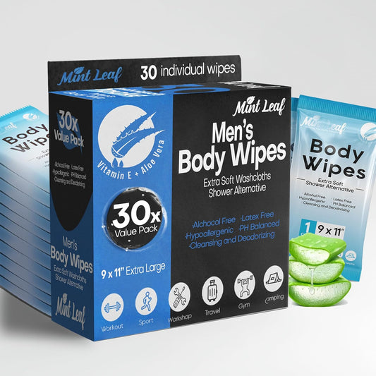 XL Deodorizing Body Wipes | Men's Extra Soft Washcloths Shower Alternative | Great for Workout Travel Gym Camping | 30 Individually Wrapped Shower Wipes | with Vitamin E Aloe Scent