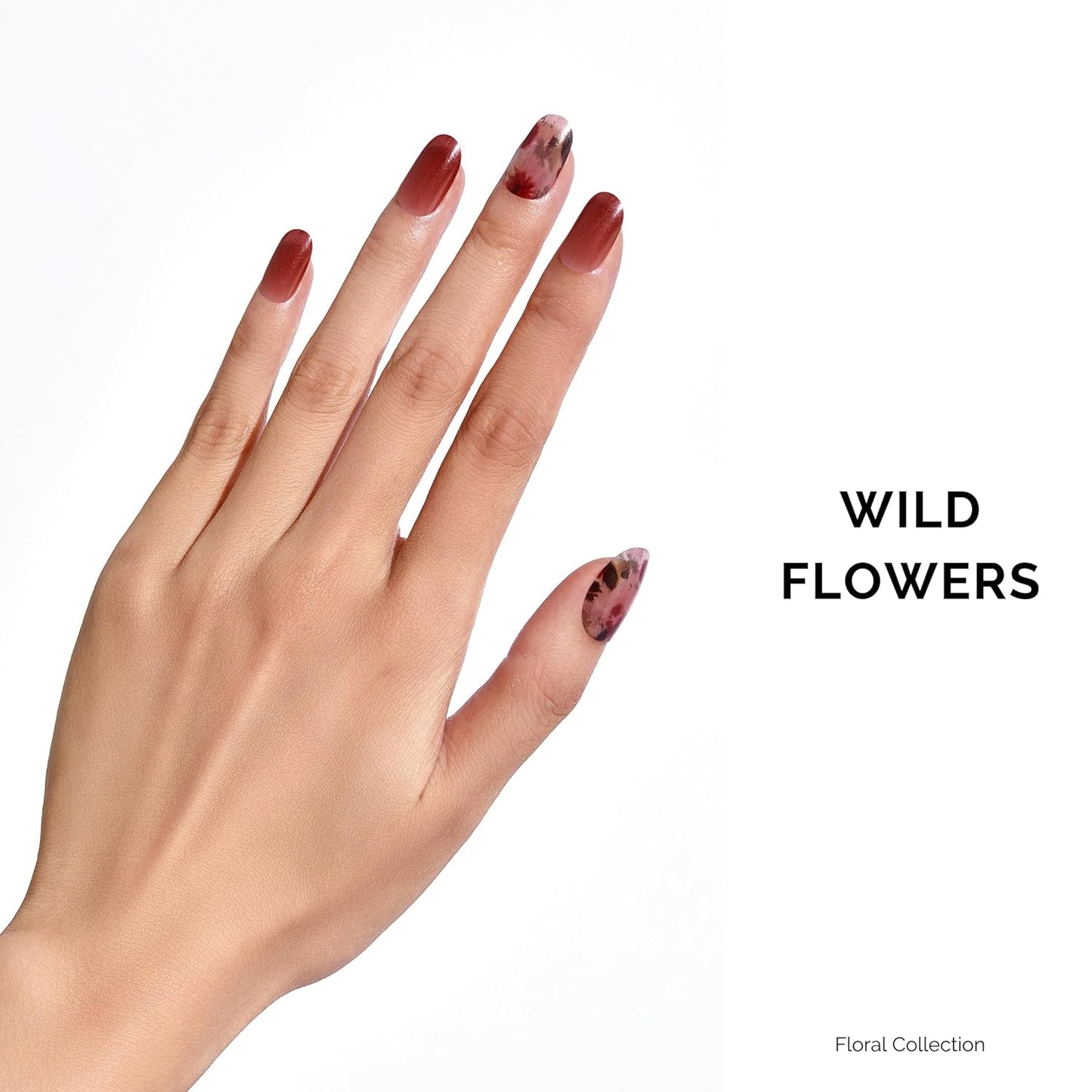 Semi Cured Gel Nail Strips - NAILOG 34 Pcs Gel Nail Stickers | Buy 2 Get 1 UV Light | Extra Long Nail Wraps with Glossy Gel Finishing Reddish Brown, Wildflowers