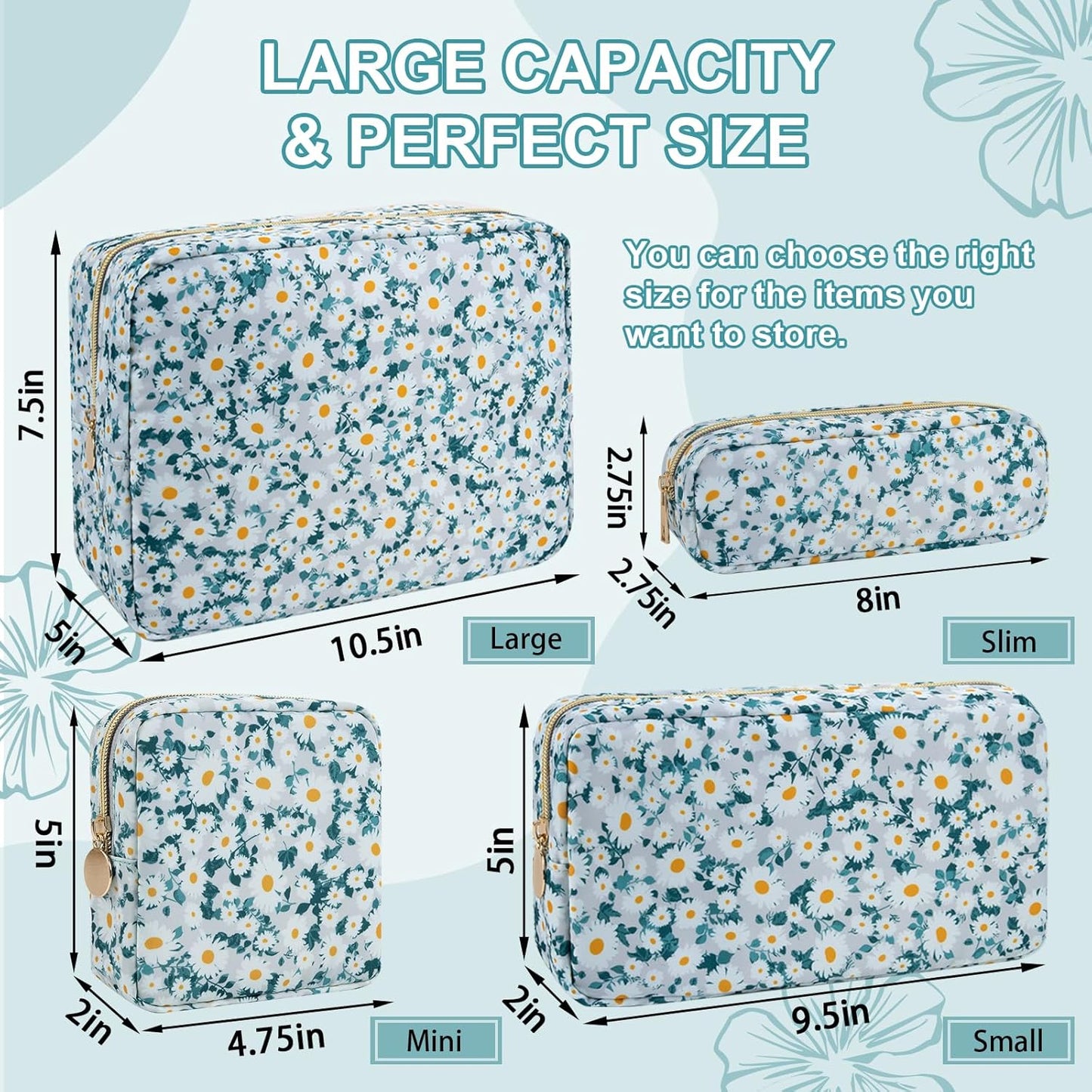 Waterproof Small Floral Pencil Case Makeup Bag for Purse,Cute Flower Pencil Pouch Preppy Nylon Makeup Brush Holder with Zipper,Girls Portable Storage Case for Work(Slim Green-Daisy)