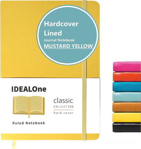 IDEALOne Hardcover Leather Journal Notebook Lined – A5 (5.7 x 8 inch),Wide college ruled,160 pages, 100GSM Thick Paper, Journal for Women, Men, Notebooks for Work, Journal for Writing - Mustard Yellow