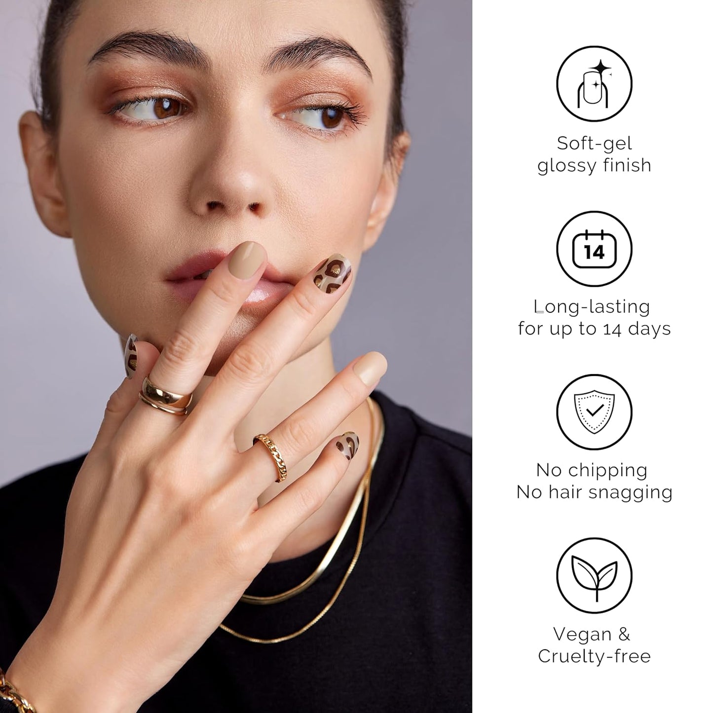 Semi Cured Gel Nail Strips - NAILOG 34 Pcs Gel Nail Stickers | Buy 2 Get 1 UV Light | Extra Long Nail Wraps with Glossy Gel Finishing Brown, Desert Wild