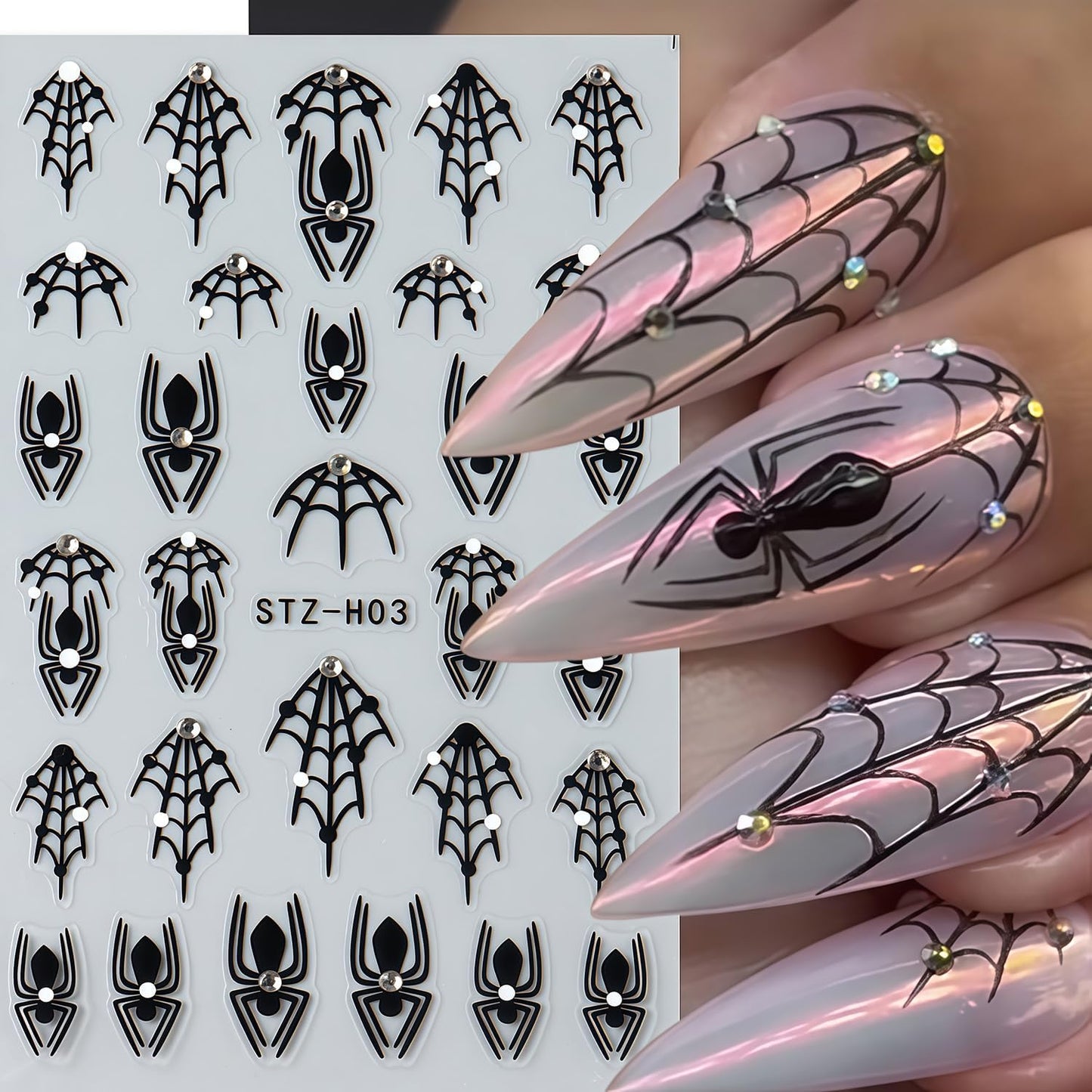 Halloween Nail Stickers for Nail Art 6 Sheets Self-Adhesive Spider Web Ghost Diamond Spider Bat Nail Art Stickers Halloween Spooky Decals Spiders Bat Sticker Holiday DIY Manicure Decoration for Women