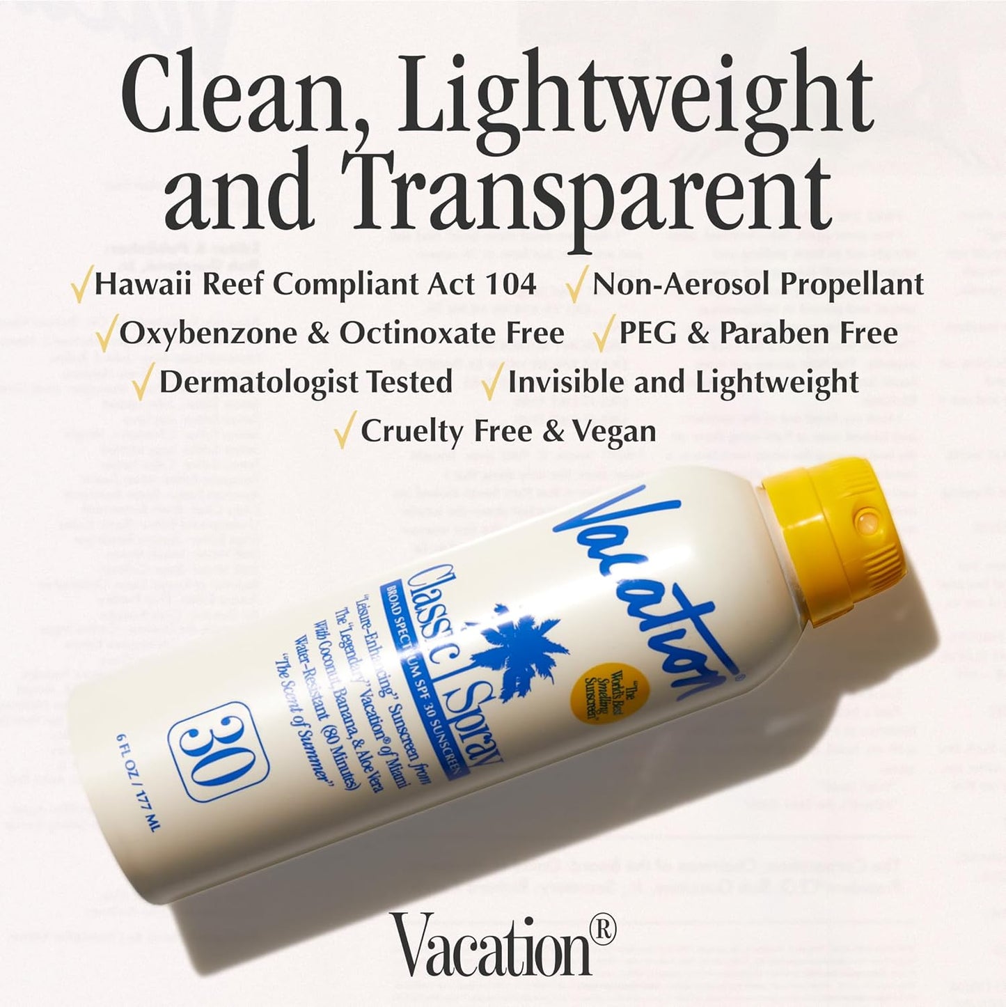 Vacation Classic Sunscreen Spray SPF 30, Water-Resistant, Lightweight, Transparent on All Skin Tones, Dermatologist-Tested, Vegan, 6 Fl. Oz. (Value Pack of 3)