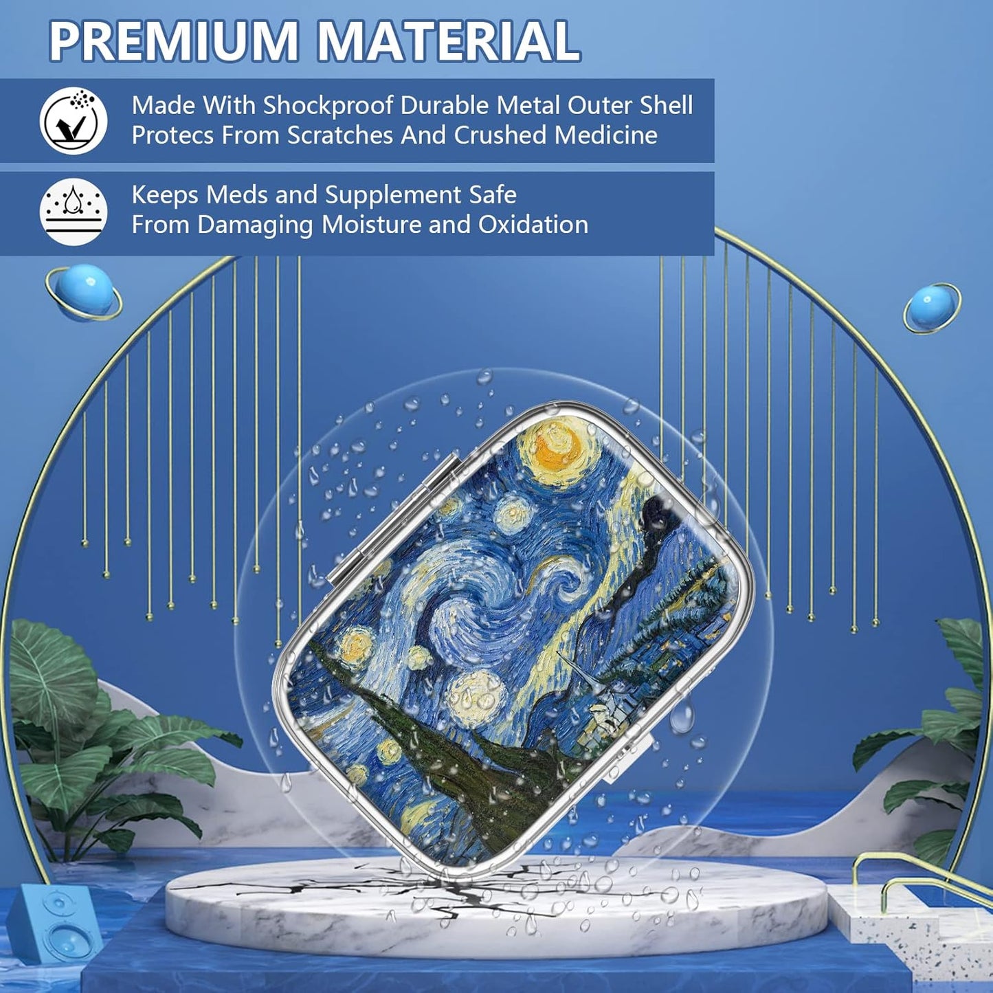 Pill Box 2 Compartment Small Pill Case,Portable for Pocket or Purse Pill Organizer Pill Container Holder to Hold Vitamins, Medication, Fish Oil and Supplements(Starry Night)