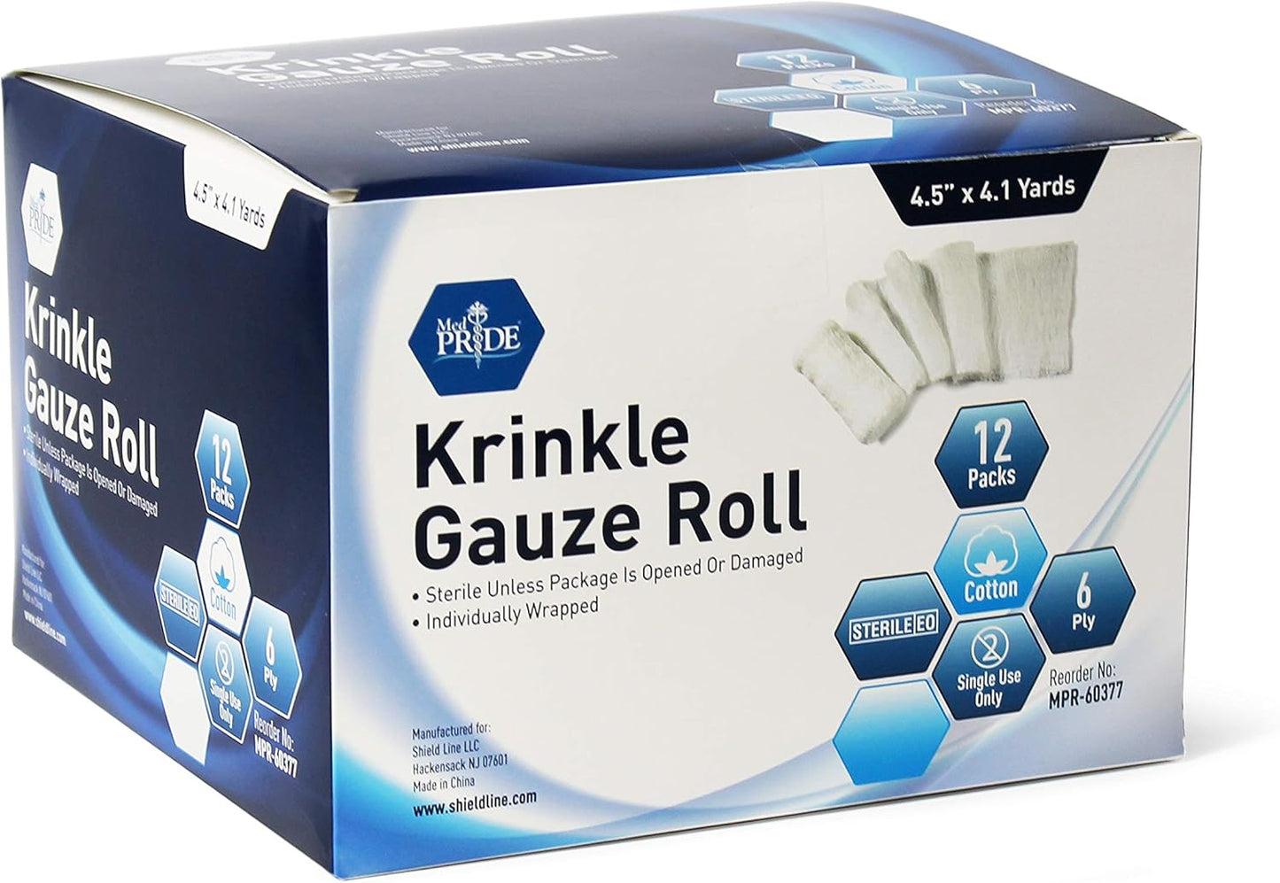 MED PRIDE Sterile Krinkle Gauze Roll 4.5in X 4.1yd 6 Ply Highly Absorbent Cotton Roll Gauze Individually Wrapped Wound Dressing (12 12 Count (Pack of 1))