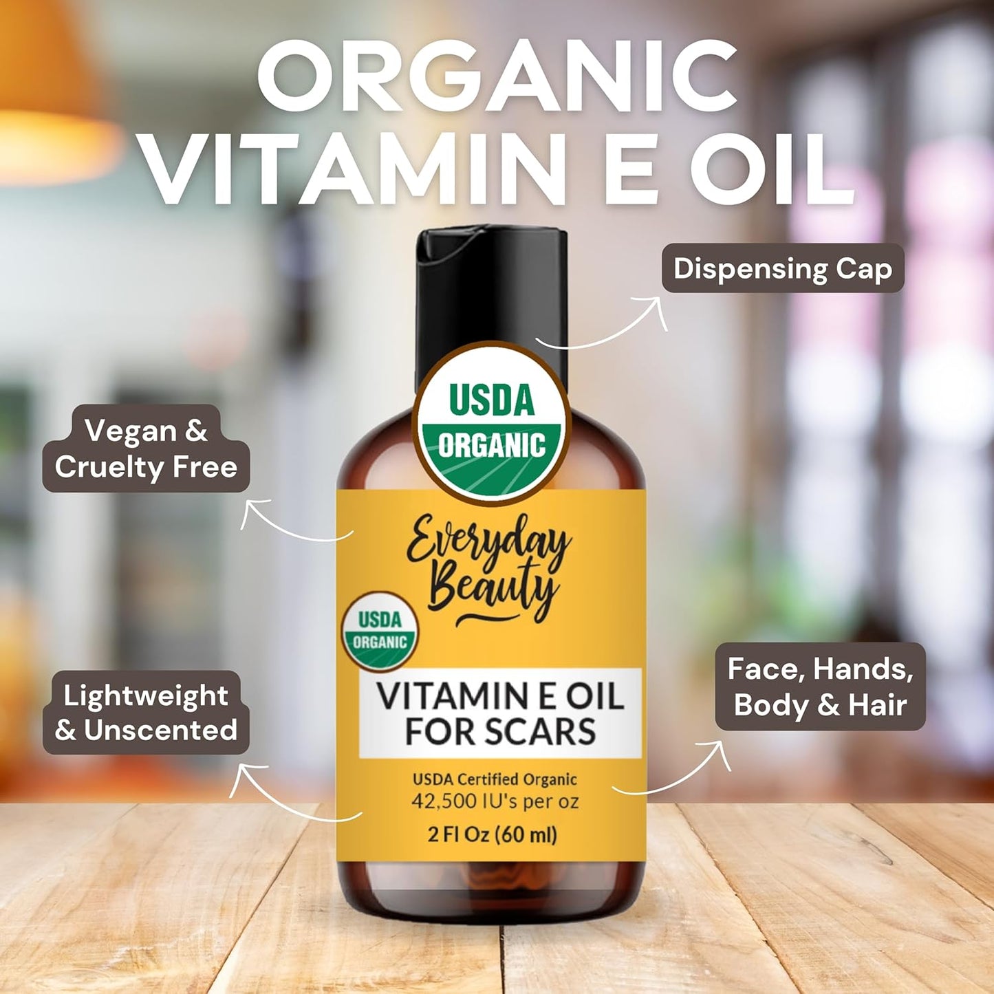 Organic Vitamin E Oil for Scars - All Natural & Vegan Skin Moisturizer 2oz - Light and Unscented Great for Scars After Surgery - Reduce Wrinkles, Anti Aging, Lighten Dark Spots - Face, Skin & All Over