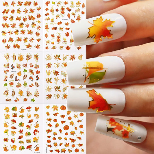 Fall Nail Art Stickers Decals Thanksgiving Maple Leaf Nails Decals Self-Adhesive Autumn Maple Leaves Nails Stickers for Nail Art Decals (6 Sheets)