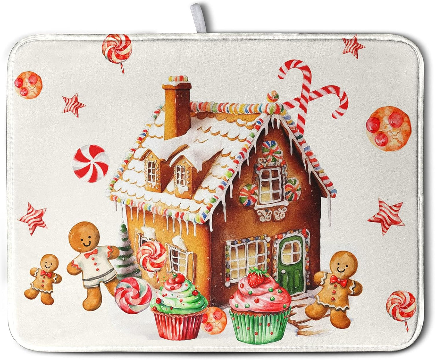 Christmas Dish Drying Mat for Kitchen Counter 16x18 Gingerbread House Man Candy Canes Cookie Cake Drying Mat for Dishes Xmas Winter Holiday Microfiber Drying Pad Dish Drying Pad for Coffee Bar Sink