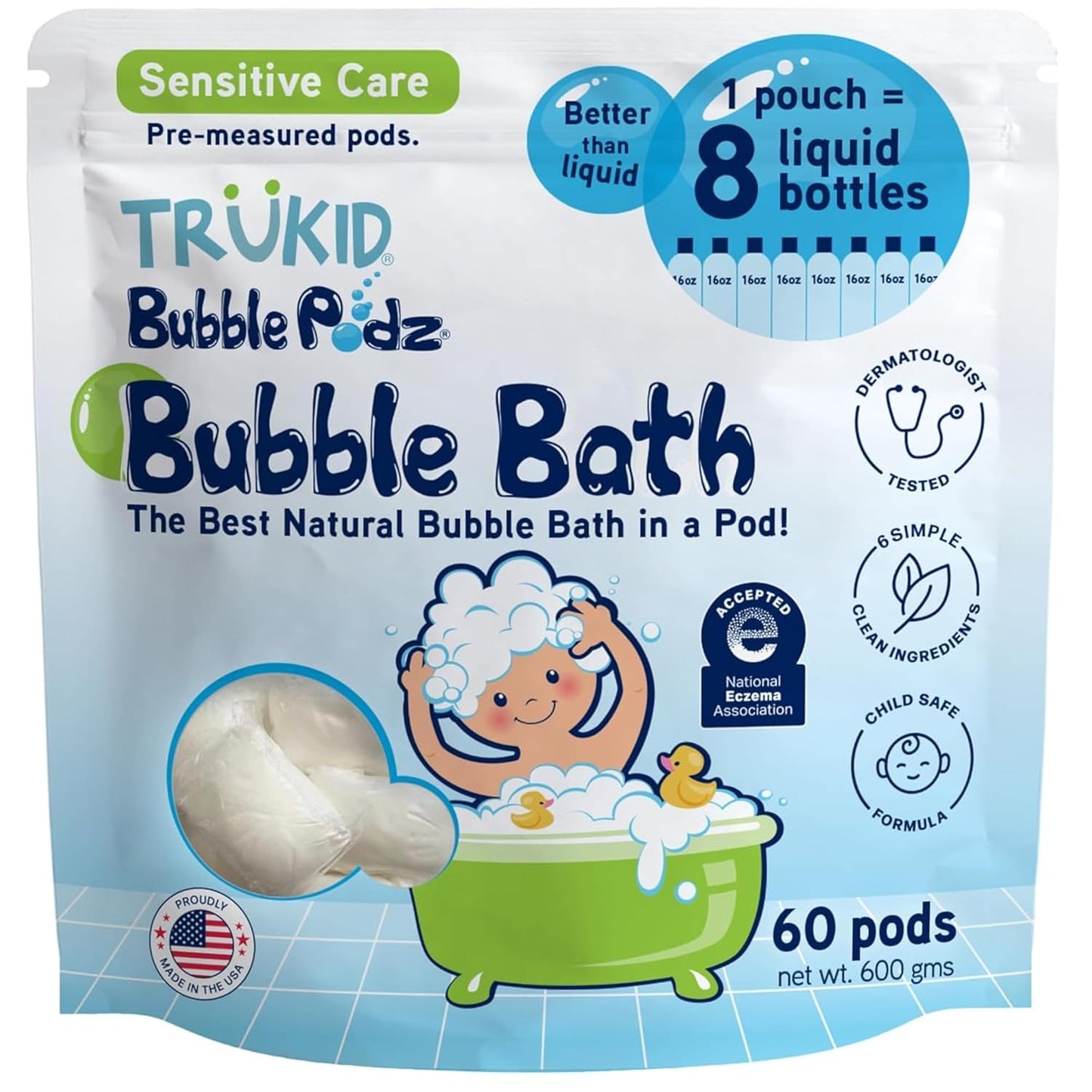 TruKid Bubble Podz Bubble Bath for Kids, Toddlers, & Babies, NEA-Accepted for Eczema, Gentle Refreshing Colloidal Oatmeal Bath Bomb for Sensitive Skin, pH Balanced, Tear Free, Unscented (60 Podz)