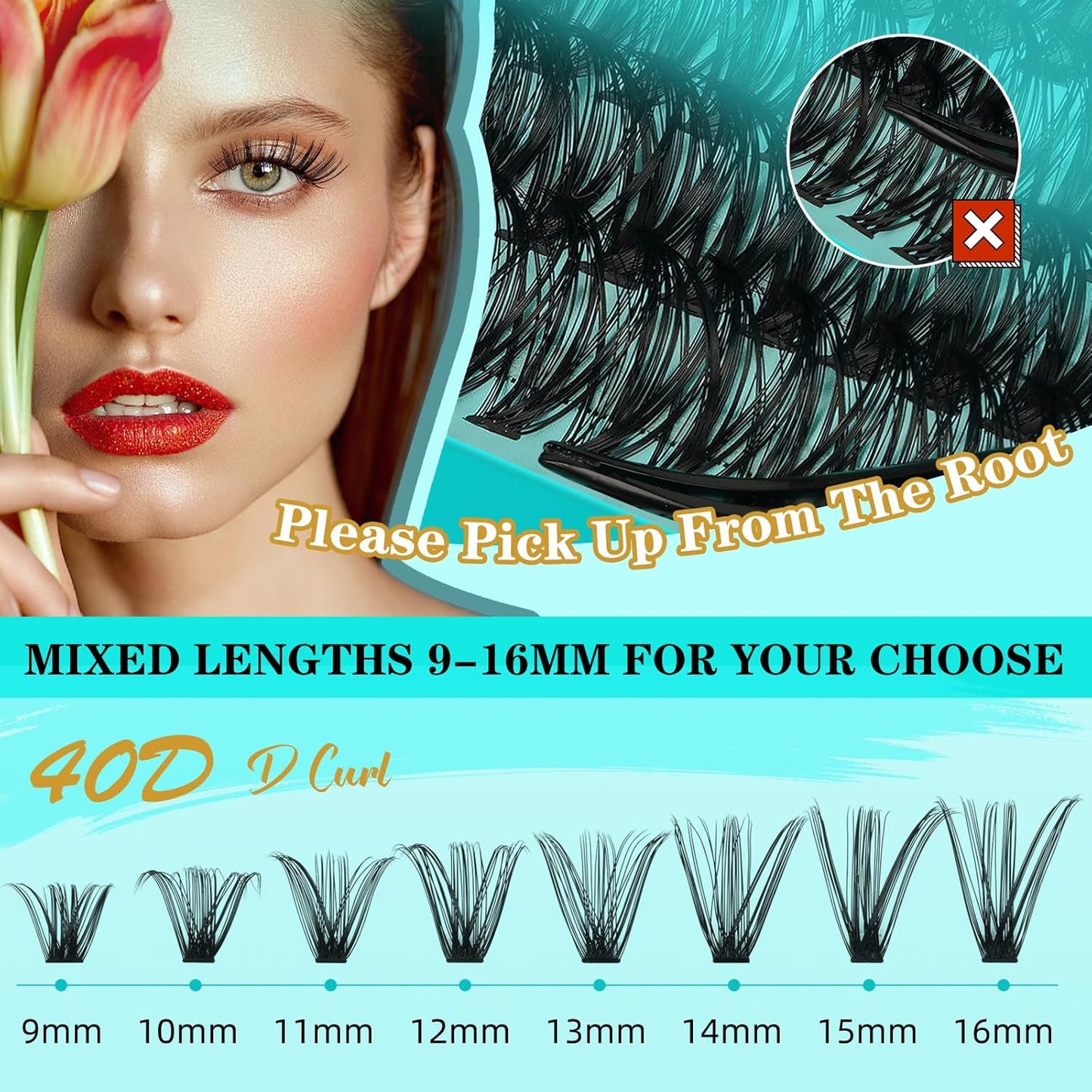 Lash Extension Kit 240Pcs 40D Individual Lashes Clusters Kit,Lash Bond And Seal for Eyelashes Extensions,Lash Applicator Tool For False Eyelash Cluster Kit(40D,D-Mix9-16mm)