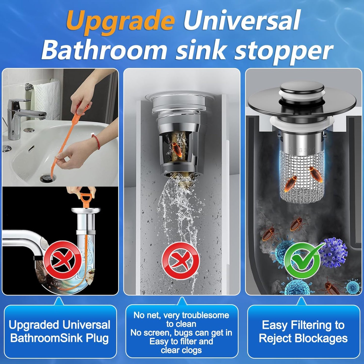 Sink Stopper Hair Catcher, Pop-up Sink Drain Strainer with Removable Stainless Steel Strainer Basket Hair Catcher, Bathroom Sink Strainer for Bathroom Sink Stopper Replacement (Matte Black)