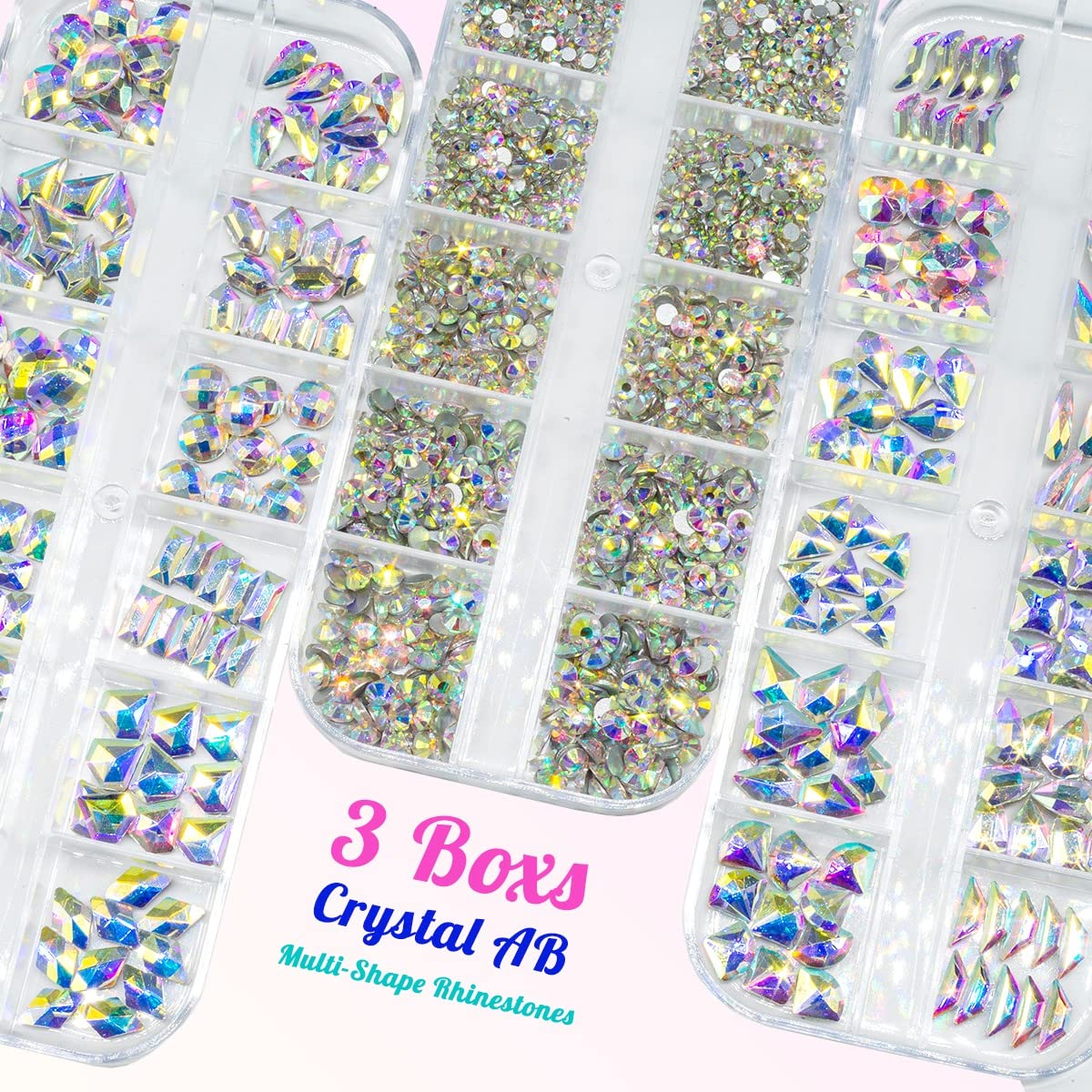 3 Boxes AB Crystal Nail Rhinestones 240 Multi-Shapes White AB Big Gems K9 Glass Flatback Round Beads Crystals Stones Nail Art Charms for Nails Face Eyes Makeup Crafts DIY Tumblers Bottles Shoes