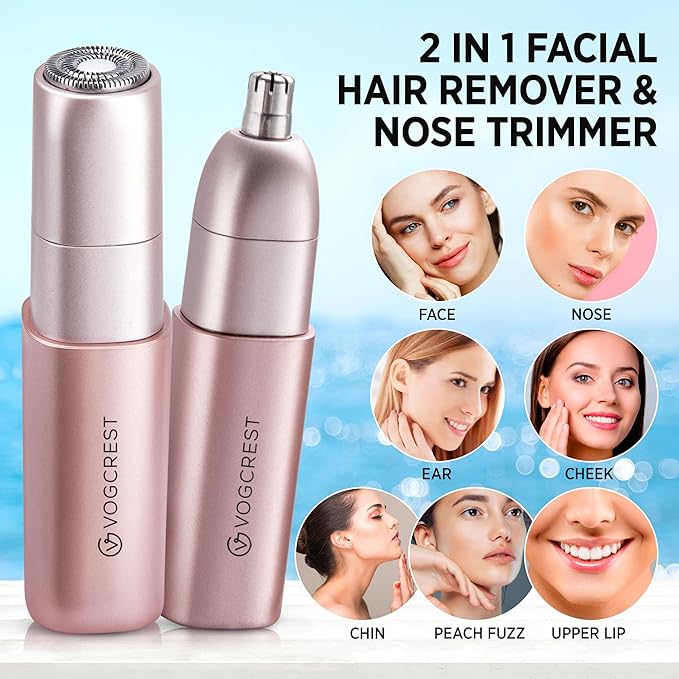 Facial - Nose Hair Remover Women: 2 in 1 Painless Electric Face Shaver and Nose Trimmer - Rechargeable Hair Removal Tool for Face Nose Ear Peach Fuzz Lips Chin