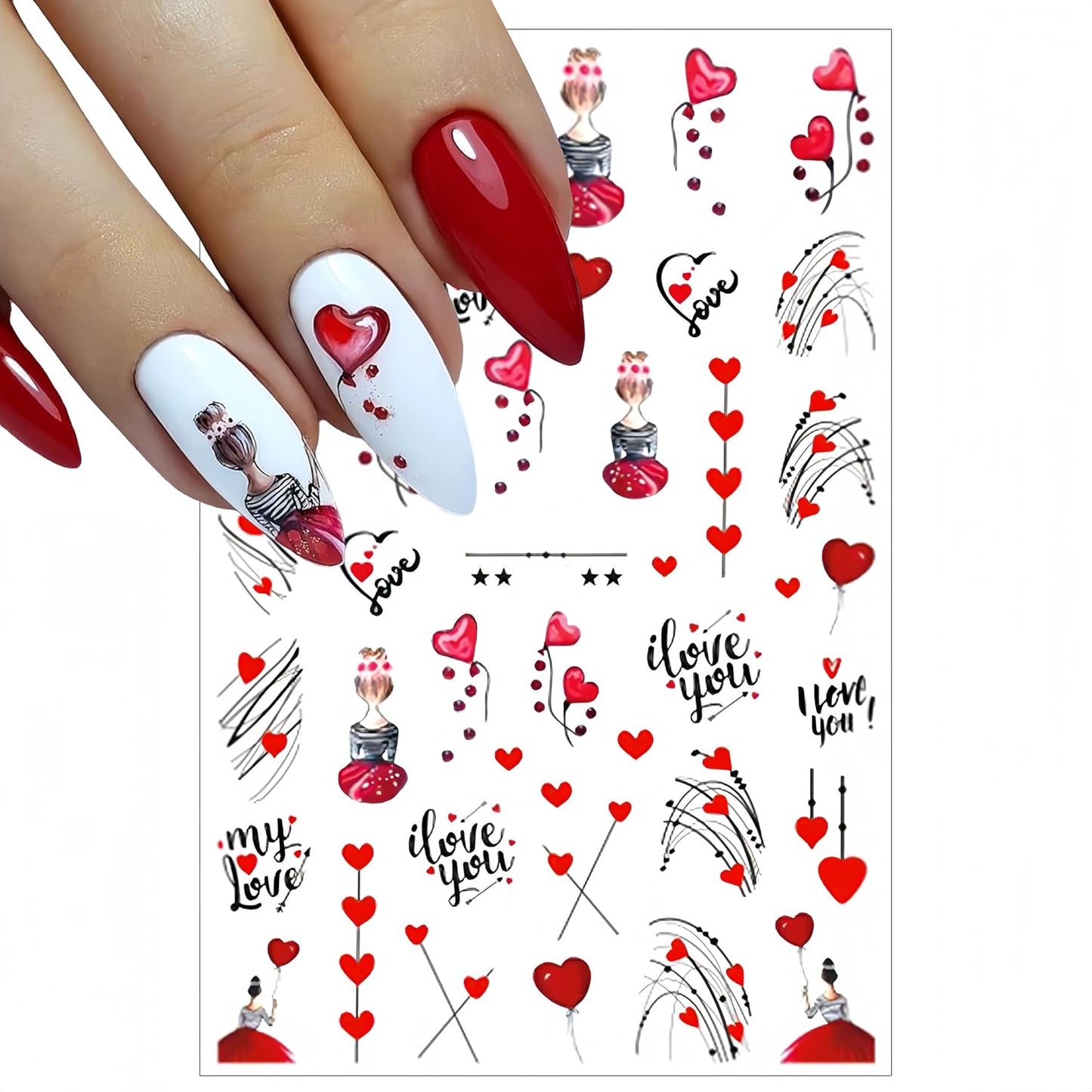 6 Sheets Valentine's Nail Stickers 3D Self-Adhesive Red Couple Balloon Pattern Stickers Romantic Design for Women Girls Valentine's Nail Art Decoration
