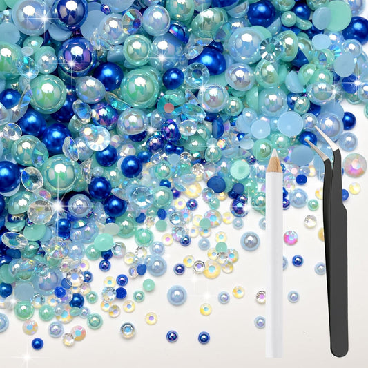 80g Mix Flatback Pearls and Rhinestones for Crafts Blue Mixed Size 2mm-10mm Half Round Pearls Rhinestones for Nail Art Tumblers Shoes DIY Bedazzling with Tweezers Wax Pen