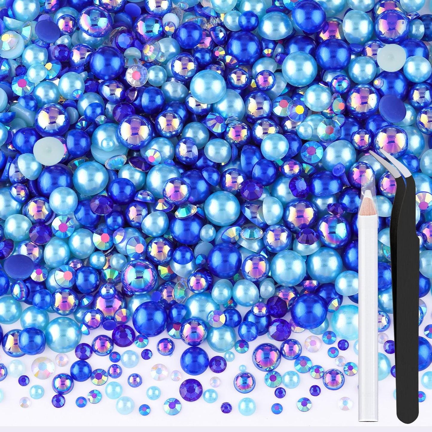 80g Flatback Pearls and Rhinestones for Crafting, Dark Blue Mixed Size 3-10mm Resin Rhinestones and Half Pearls for Bedazzling, Nail Art and Decoration with Tweezer and Pickup Pencil