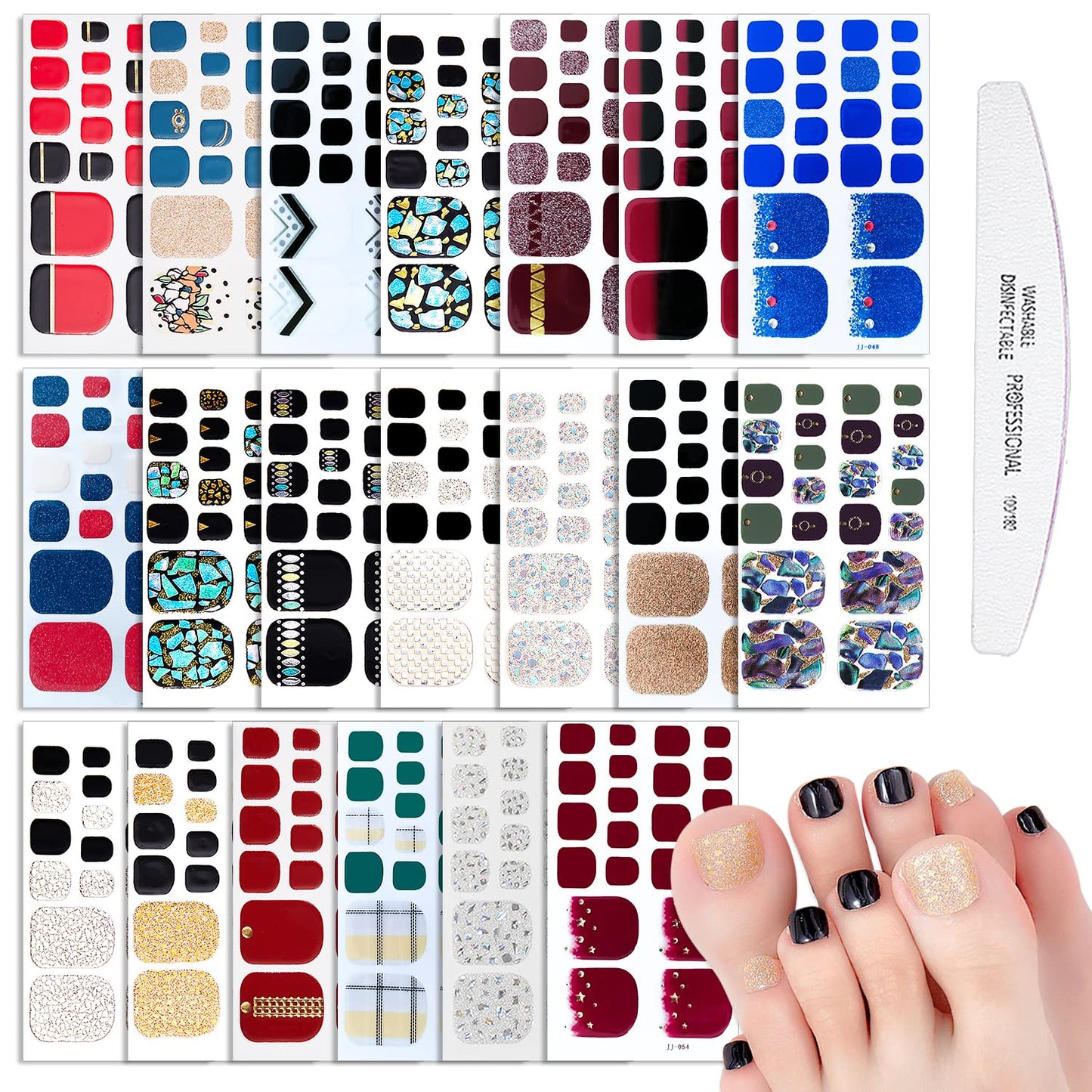 WOKOTO 20 Sheets 440 Pcs Toe Nail Polish Stickers for Toes Nail Full Wraps Glitter Nail Polish Strips Gel Nail Strips Wraps Mermaid Gel Strips for Women