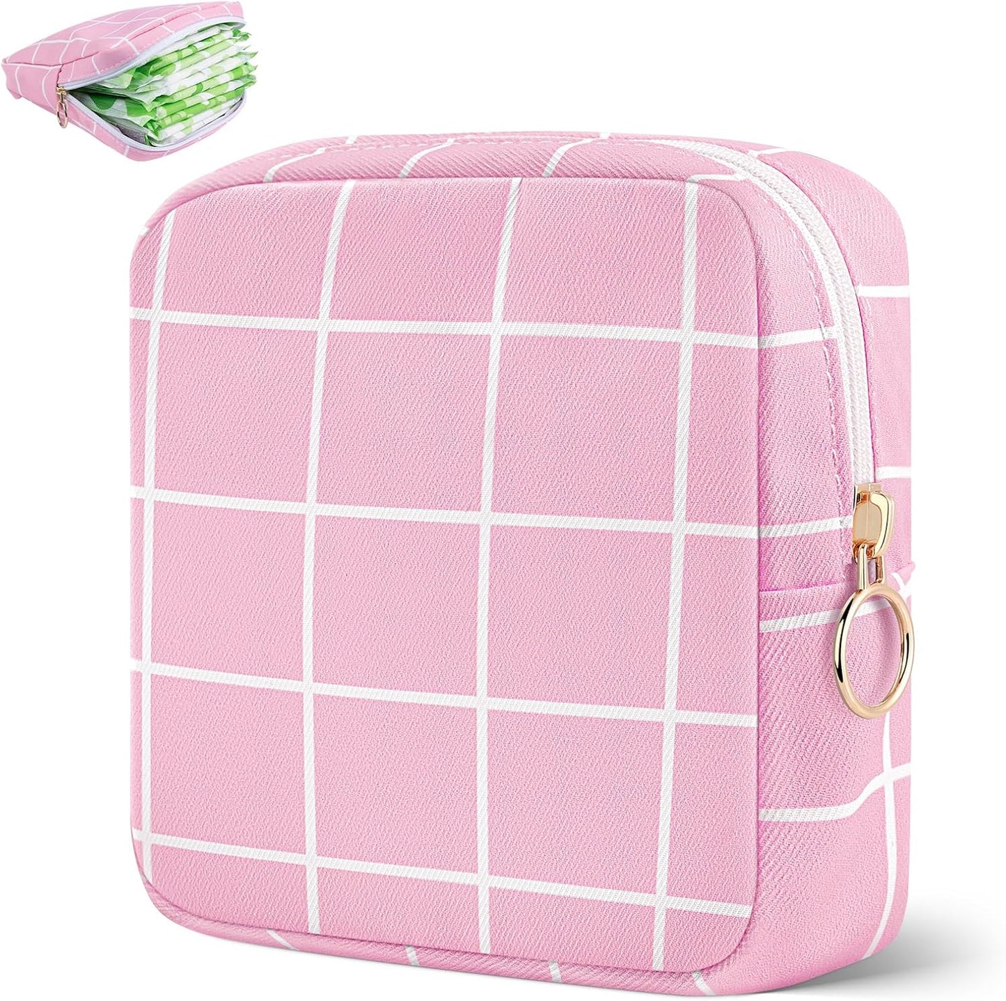 Desing Wish Period Bag Pouch Soft Cloth Sanitary Napkin Storage Bag Portable Menstrual Pad Pouches Tampon Holder for Purse First Period Kit for Girls 9-12 (Pink Plaid)