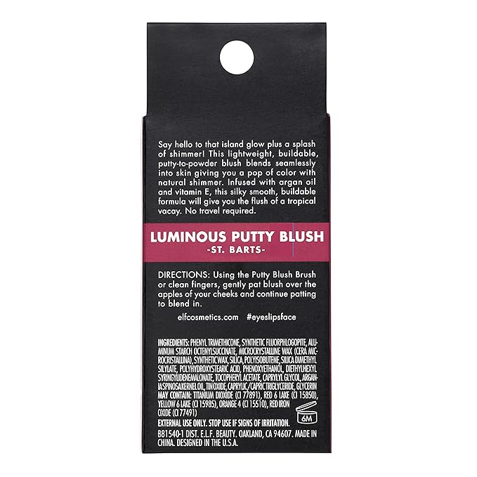 e.l.f. Luminous Putty Blush, Putty-to-Powder, Buildable Blush With A Subtle Shimmer Finish, Highly Pigmented & Creamy, Vegan & Cruelty-Free, St. Barts