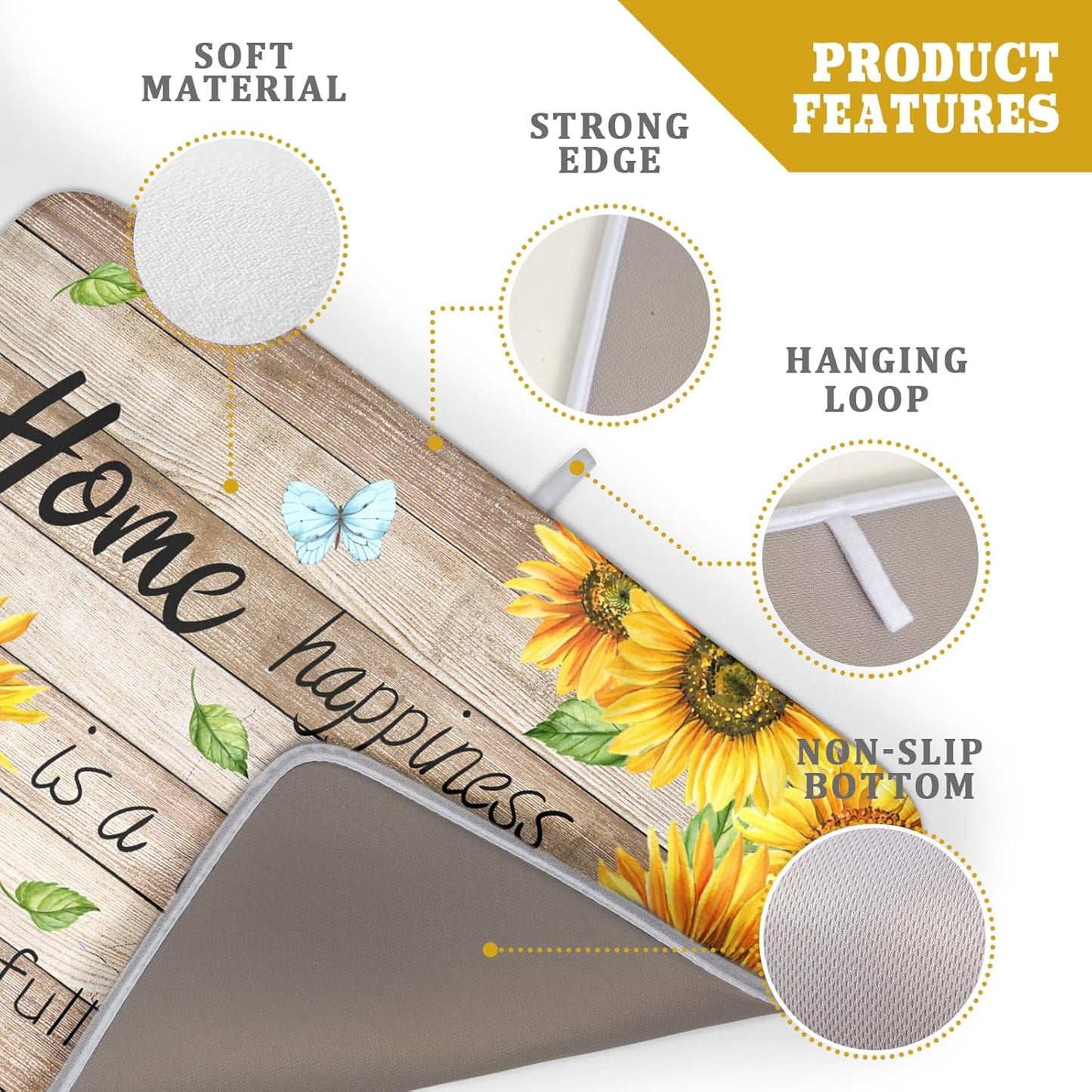 Sunflower Floral Dish Drying Mat for Kitchen Countertop 18x24 inch Rustic Wood Washable Microfiber Absorbent Dishes Drainer Rack Pad