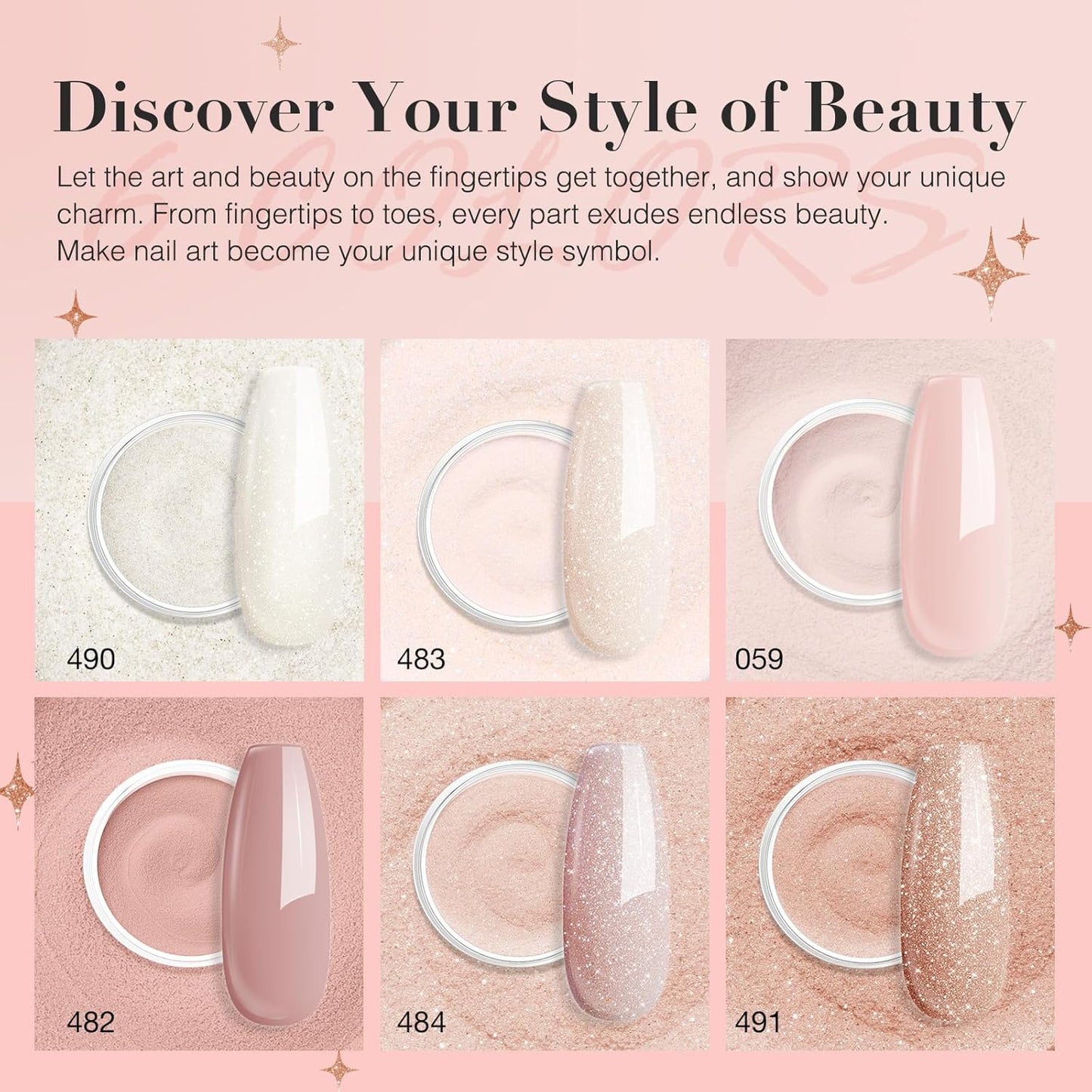 AZUREBEAUTY Dip Powder Nail Nude Set Light Pink Champagne Shimmery, All Seasons 6 Colors Dipping Powder Starter Kit French Nail Art Manicure DIY Salon for Women, No Need Nail Lamp Cured