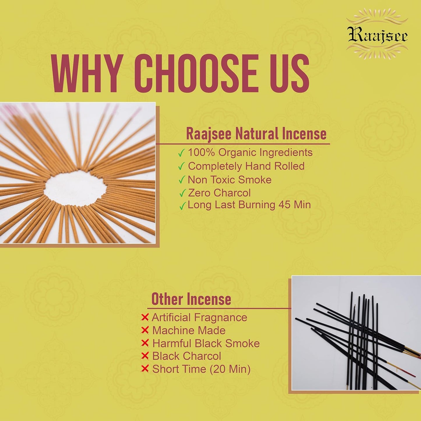 Raajsee Citronella Incense Sticks 100 gm Pack-100% Pure Organic Natural Hand Rolled Free from Chemicals-Perfect for Church,Aromatherapy,Relaxation,Meditation,Positivity & Sensual Therapy