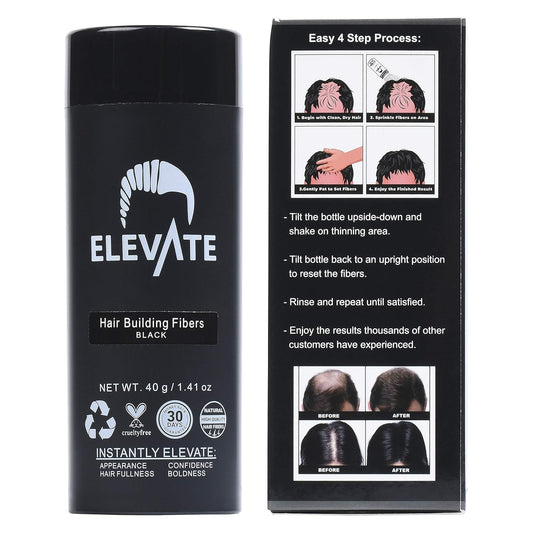 ELEVATE Hair Fibers for Thinning Hair Large Size 40g Bottle - 100% Natural Undetectable Keratin Fibers to Instantly Fill in Thinning Balding Loss Area Fuller in 30 Seconds Men & Women (Black)