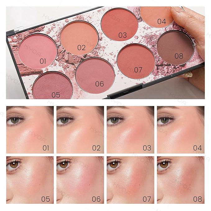 KYDA 8 Colors Face Blush Palette, Natural Matte Blush Palette, Smooth Blendable Powder, Multiuse Blusher Makeup with Contour and Highlighter