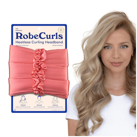 RobeCurls Heatless Curler Set - Satin Curling Headband for Natural, No-Heat Overnight Curls - Sleep-in Styling Tool with 2 Scrunchies for Women (Guava)