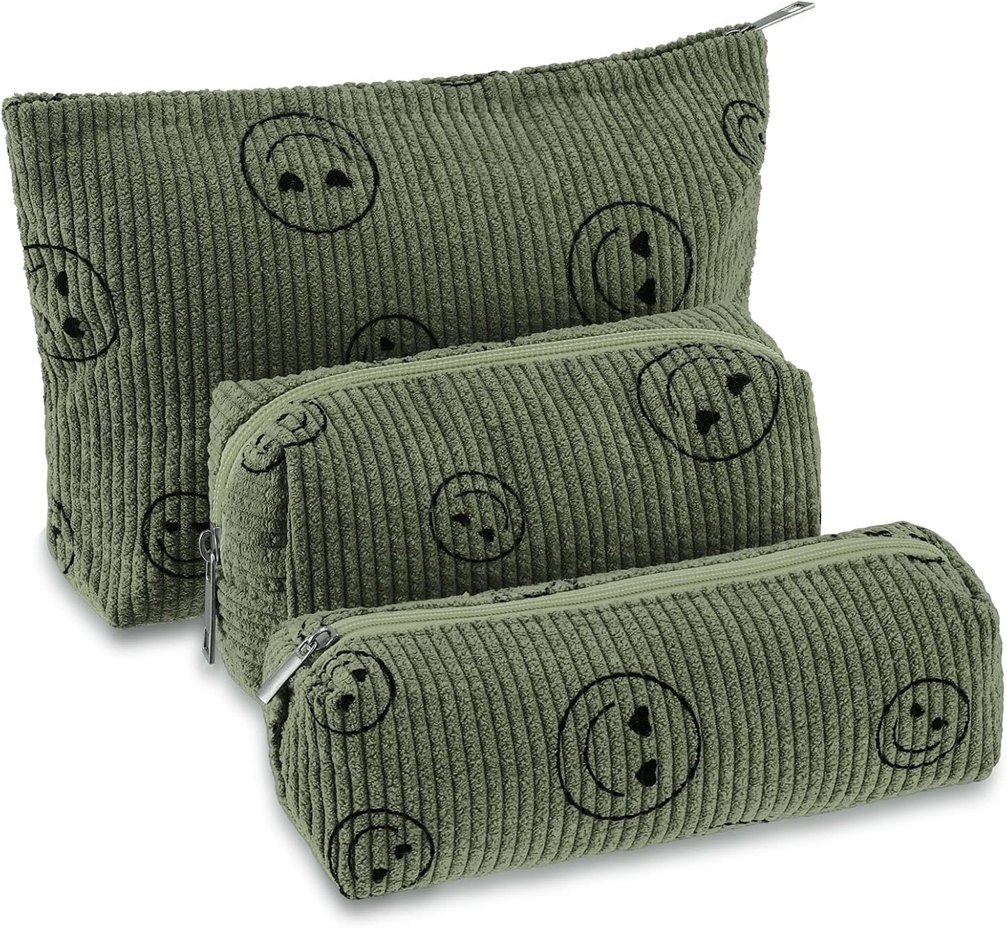 3 Pcs Makeup Bag Set for Women Corduroy Cosmetic Pouch Aesthetic Smile Travel Toiletry Bag Cute Purse Pouch Pencil Case Makeup Brushes Storage Organizer for Christmas(Army Green,Smile Face)