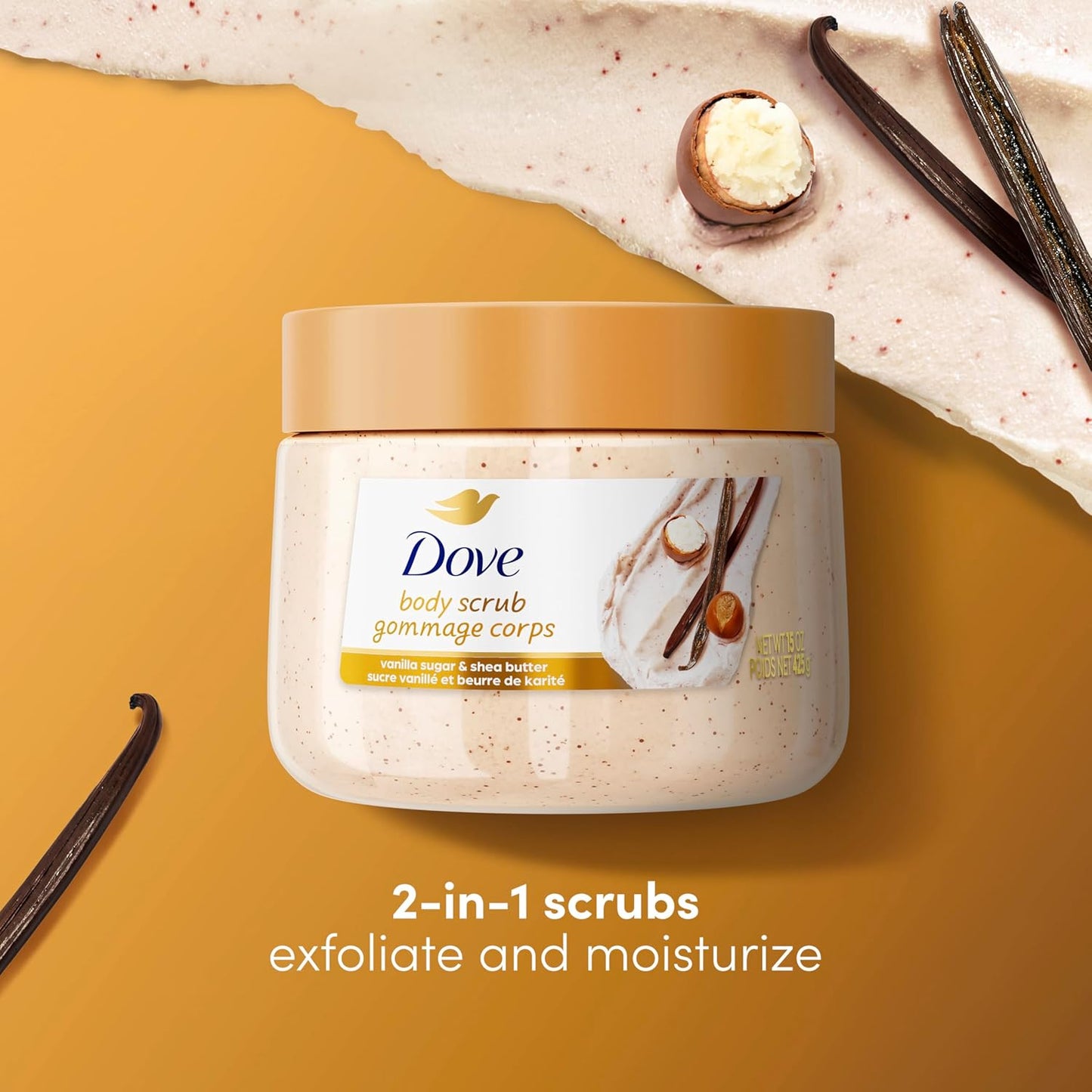 Dove Vanilla Sugar & Shea Butter Body Scrub Exfoliates and Deeply Nourishes for Smooth, Radiant Skin 15 oz