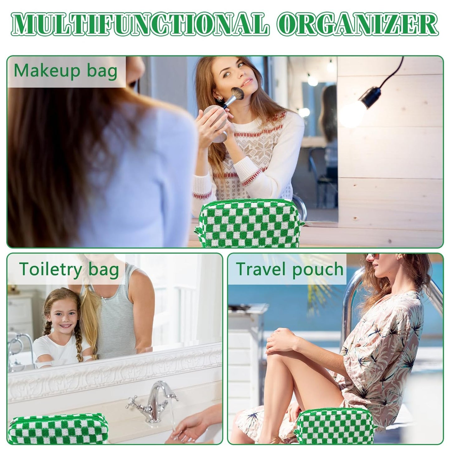 2Pcs Checkered Pencil Case Cute Pencil Pouch for Teens Checkered Makeup Bag Travel Cosmetic Bag Set Cute Makeup Pouch for Purse Portable Zippered Skincare Bags Preppy Toiletry Bags Organizer(Green)