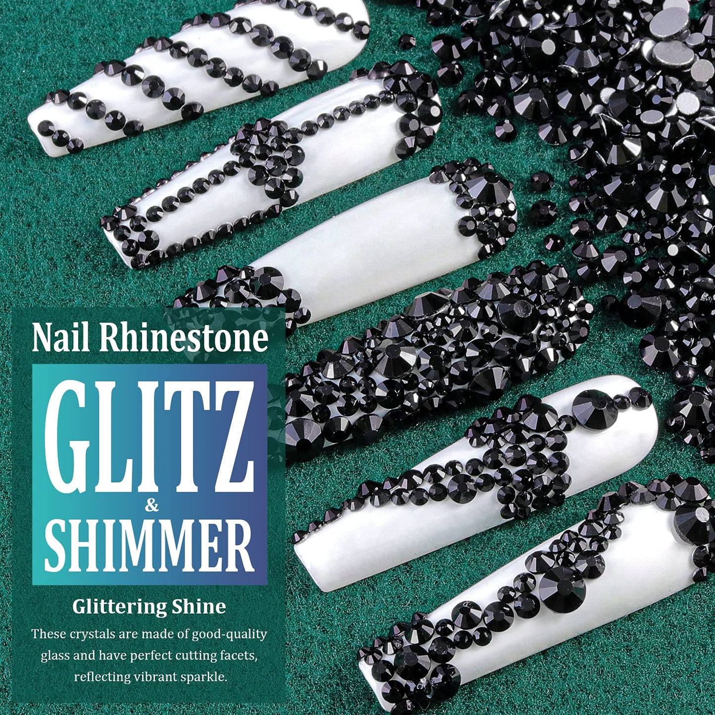 6 Sizes Black Glass Crystal Kit with Pickup Pen + Tweezer Tools for Shine Nail Art Manicure Makeup DIY Decoration Flatback Round Rhinestone Gem Jewelry Diamond