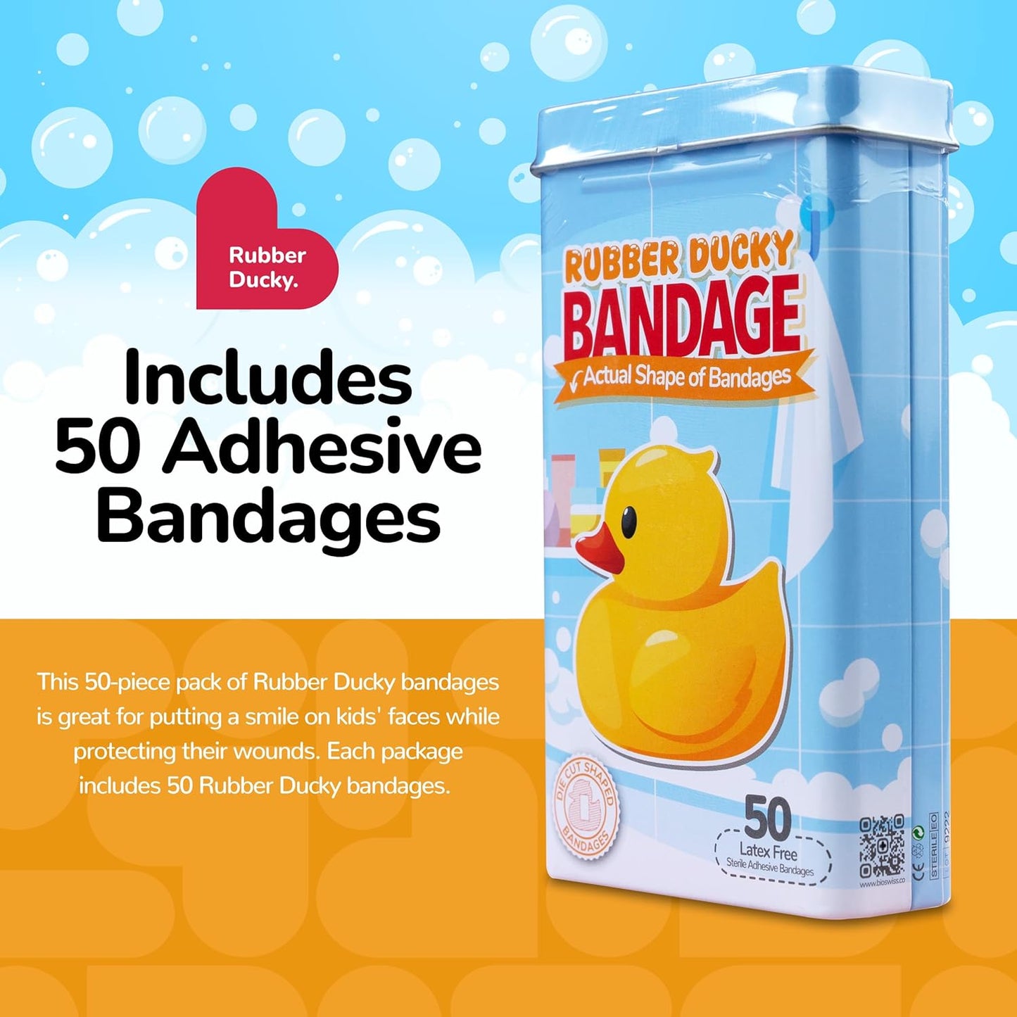 BioSwiss Kids Bandages, Rubber Ducky Shaped Self Adhesive Bandage, Latex Free, Sterile Wound Care, 50 Count