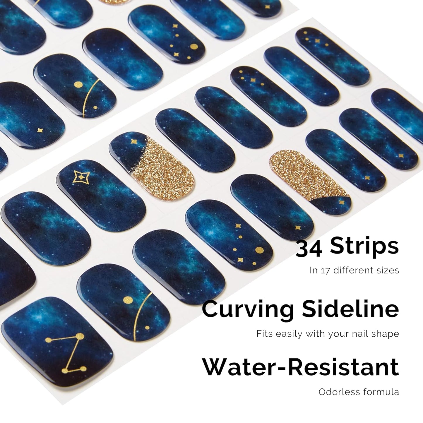 NAILOG Semi Cured Gel Nail Strips 34 pcs| Buy 2 Get 1 UV Lamp | Long Lasting Nail Polish Sticker Wraps with Glossy Gel Finish, Zodiac