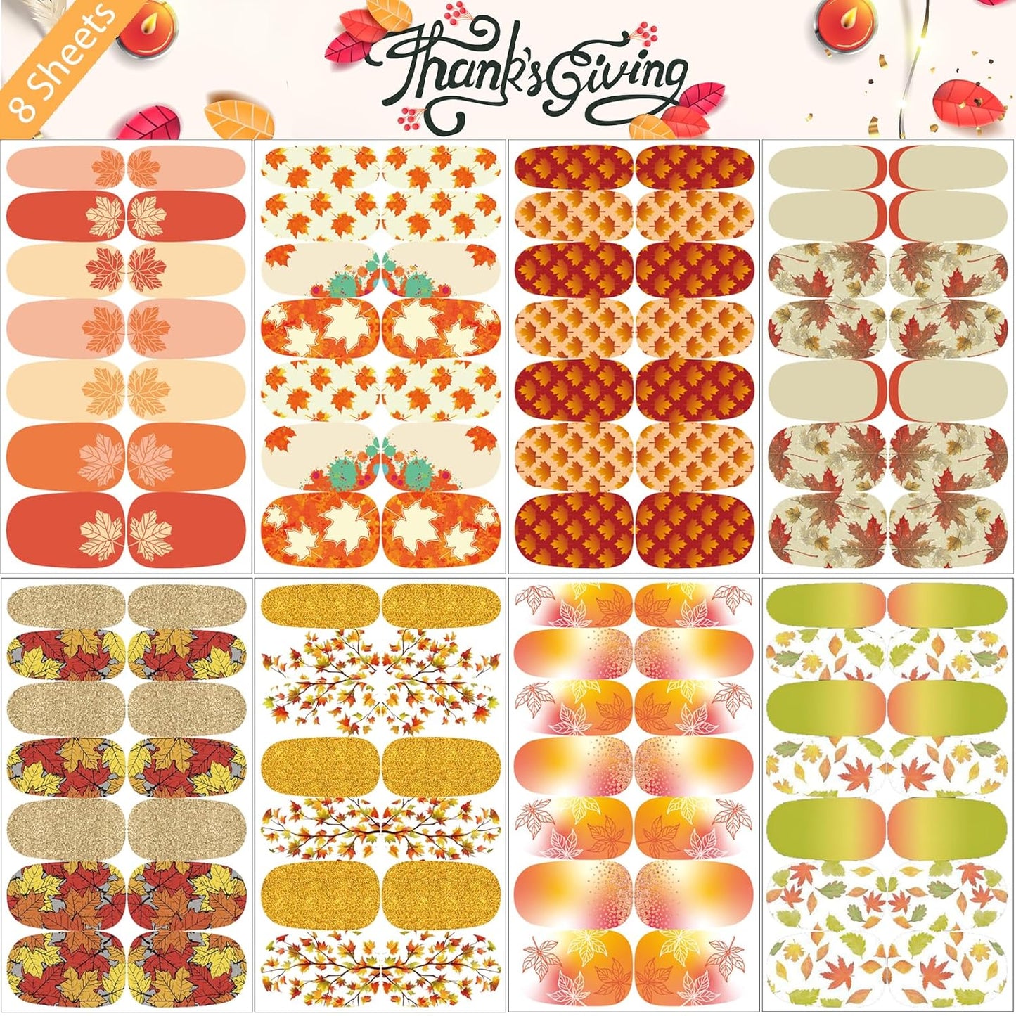 24 Sheets Holiday Nail Wraps Stickers, Halloween Christmas Thanksgiving Day All Seasonal Full Nail Polish Strips, DIY Self-Adhesive Fall Winter Nail Art Decals with 2 Piece Nail Files for Party Decor