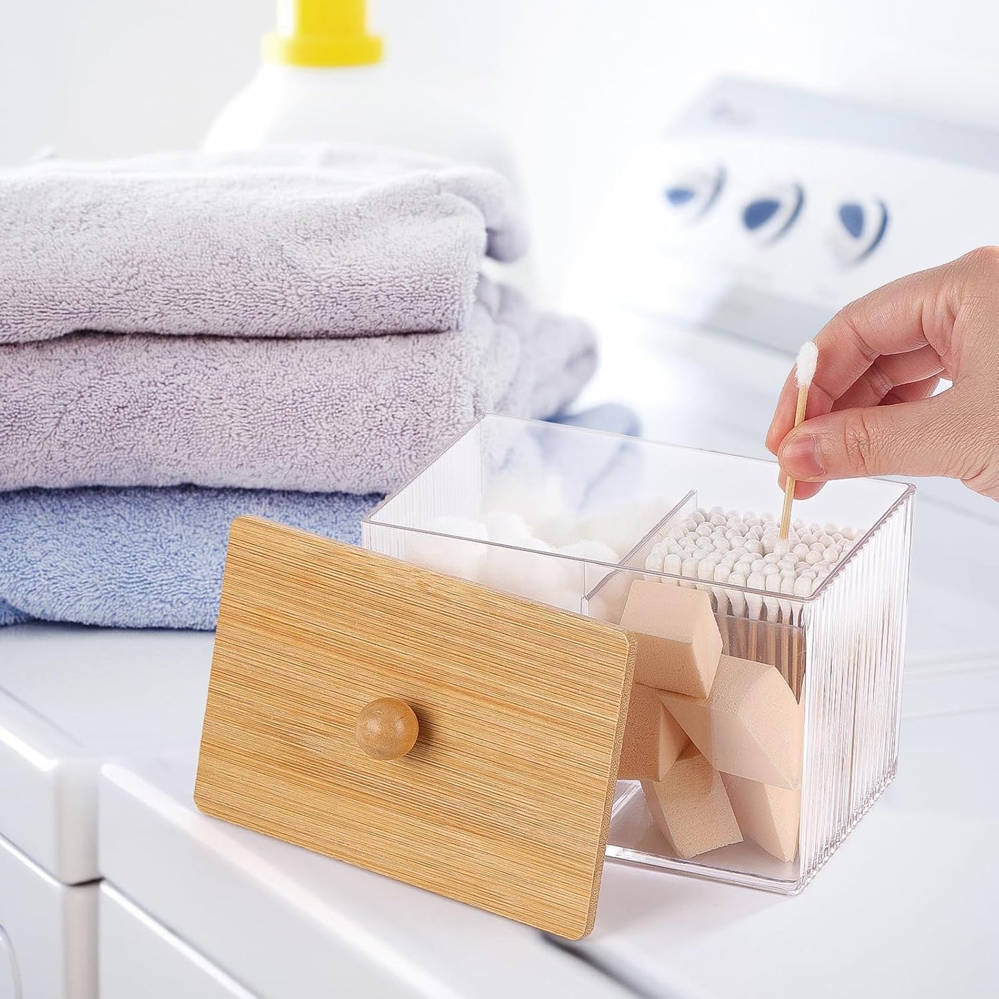 Ohlove Qtip Holder with Bamboo Lids, 3 Compartments Cotton Ball/Swabs Dispenser, Apothecary Jar Clear Plastic Bathroom Container for Storage and Organizer