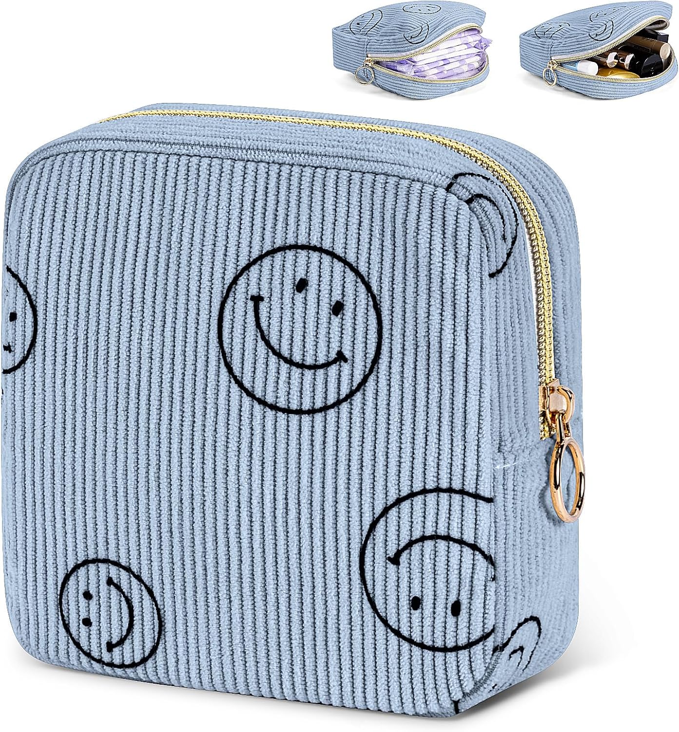 Period Bag for Teen Girls Shark Week Pouch Corduroy Portable Sanitary Pad Bags for Period Teen Period Pads Pouch for Panty Liners, Tampons, Menstrual Cup - Blue