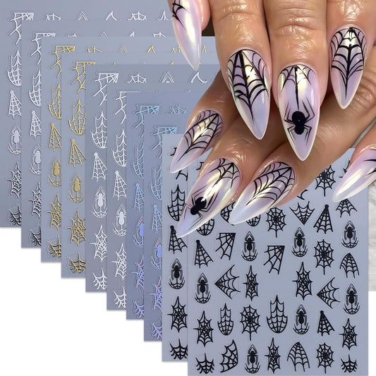 10 Sheets Halloween Nail Stickers for Nail Art 3D Self-Adhesive Spider Nail Decals Spider Web Nail Art Stickers Black White Gold Silver Laser Spider Web Nail Design for Acrylic Women Manicure Decor