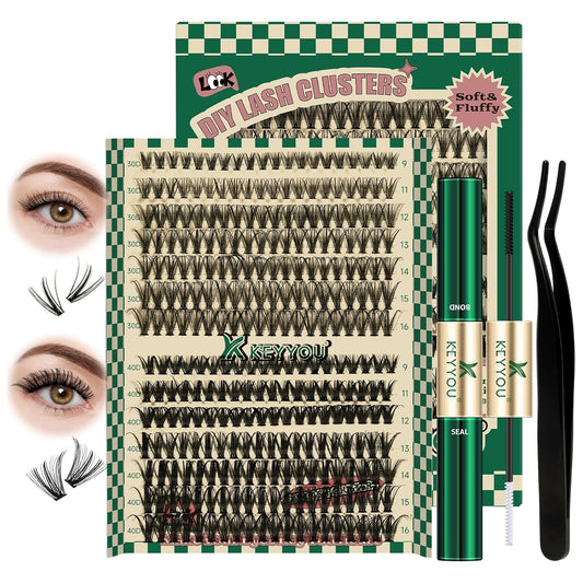 KEYYOU DIY Lash Extension Kit 280pcs Individual Lashes D Curl Eyelash Extension Kit 30D+40D 9-16Mix Lash Clusters with Lash Bond and Seal and Lash Applicator for DIY at Home(KIT-30D40D-0.07D-9-16MIX)