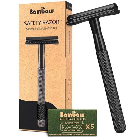 Bambaw Safety Razor for Men with 5 Double Edge Safety Razor Blades, Safety Razors for Men, Sustainable Metal Razor, Zero Waste - Black