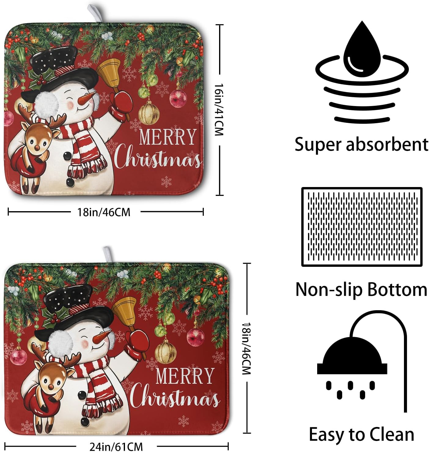 Christmas Dish Drying Mats for Kitchen Counter 18x24 Cute Snowman Red Dish Drying Pad for Dishes Winter Xmas Holiday Dish Draining Mat Absorbent Microfiber Dish Drainer Rack Mats