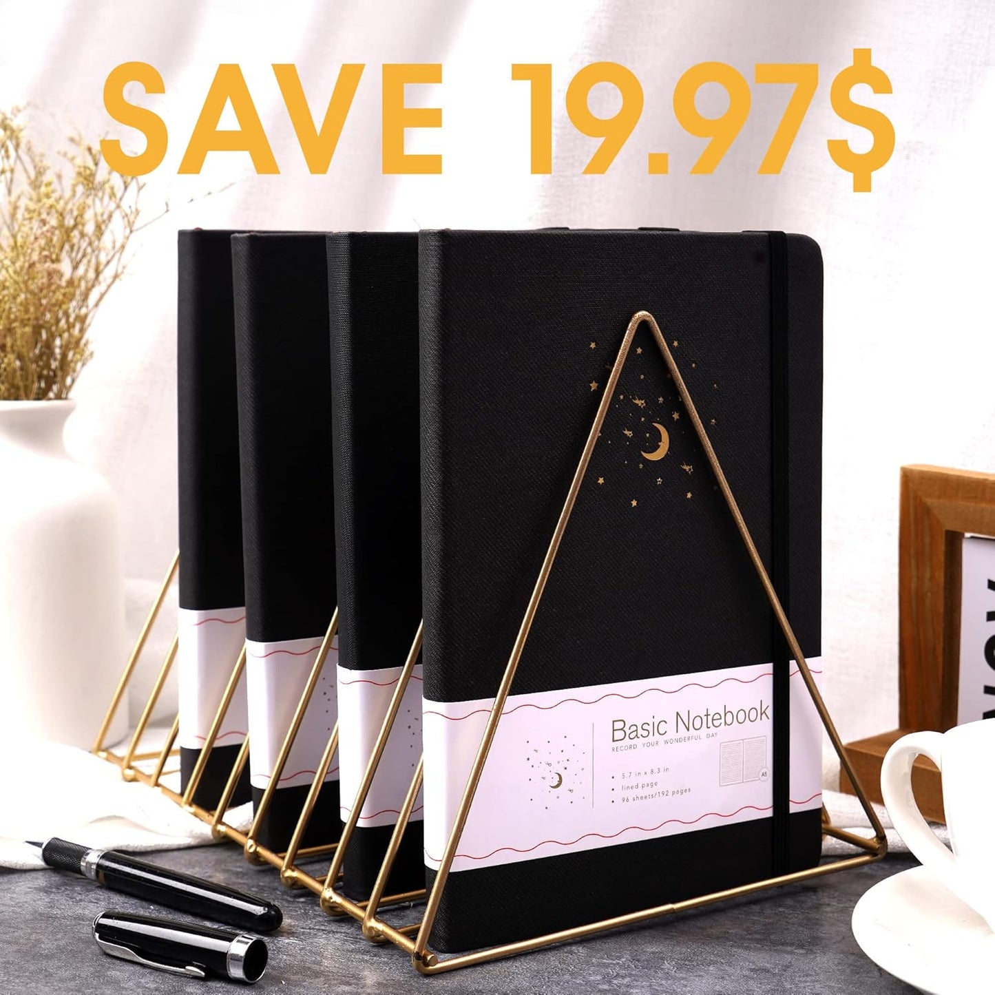 4 Pack Lined Journal Notebooks for Work, Hardcover Notebook Journal with Pen Loop, A5 Leather Notebook Journal Cover, Medium 5.7" x 8.3", (Black Ruled)