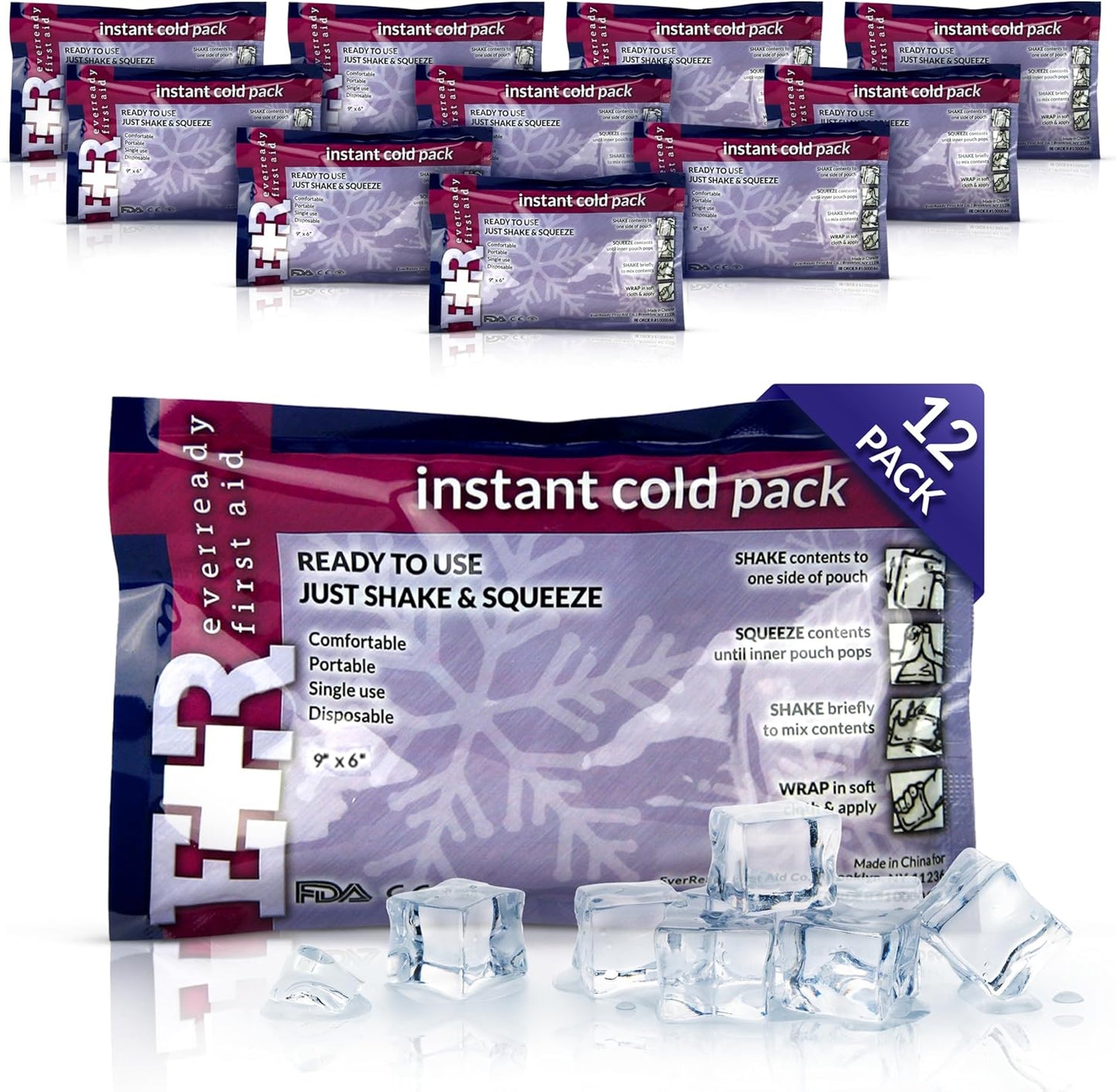 Ever Ready First Aid Disposable Cold Compress – Instant Ice Pack for Injuries, Swelling & Pain Relief – 4.5" x 7" – 12 Pack